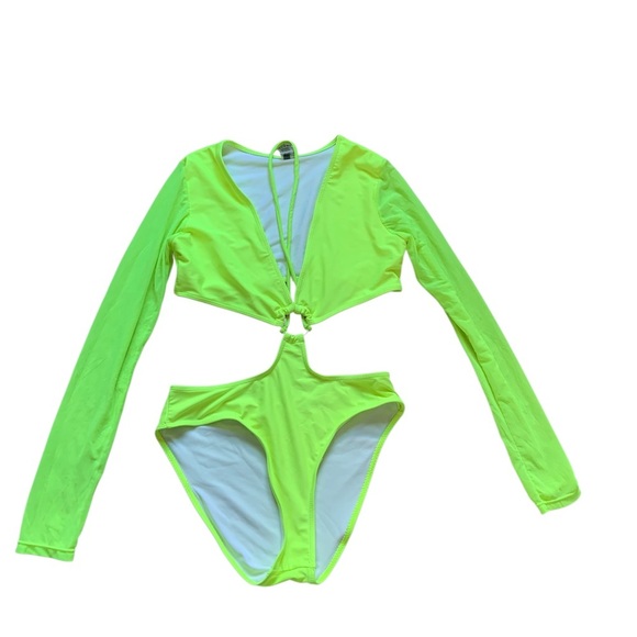 Neon Green Long Sleeve Cutout Swimsuit Small - Picture 5 of 8